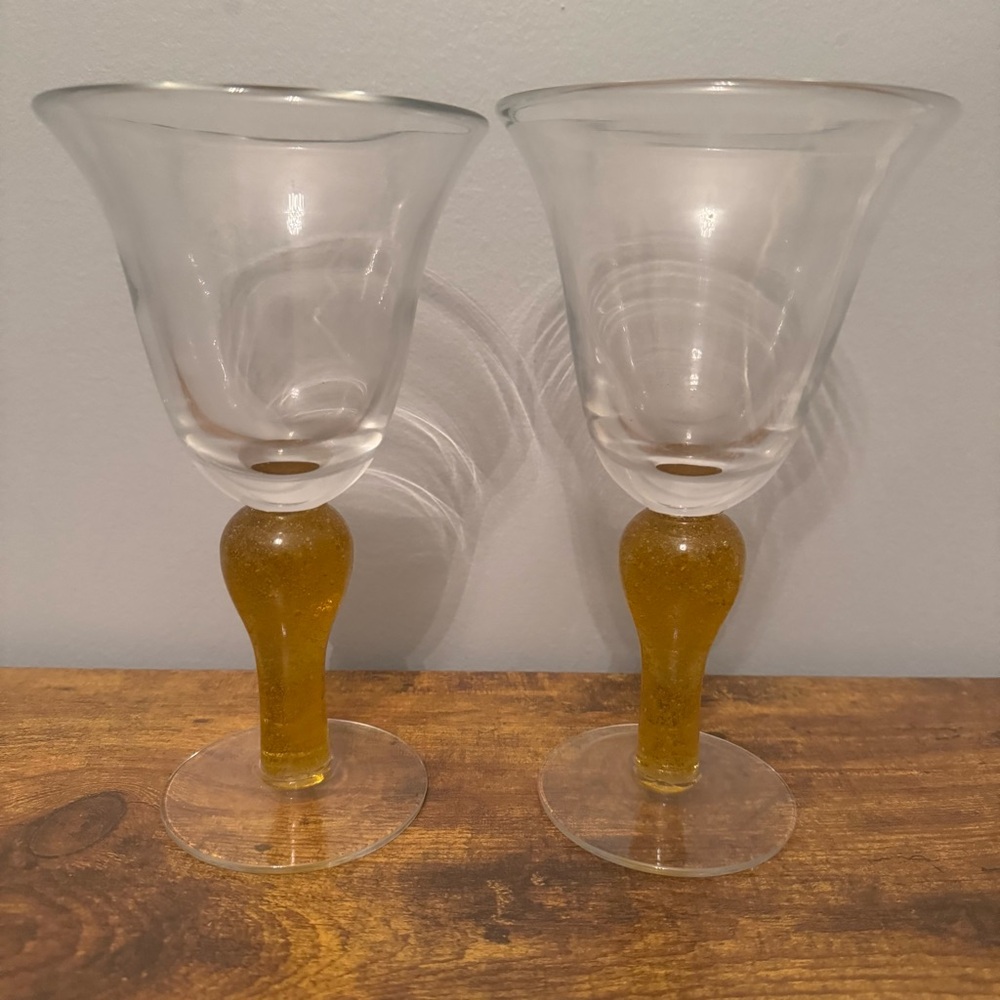 Vintage Amber Bubble Stem Art Glass Wine Goblets Clear Bowl Set Of 2 Retro MCM